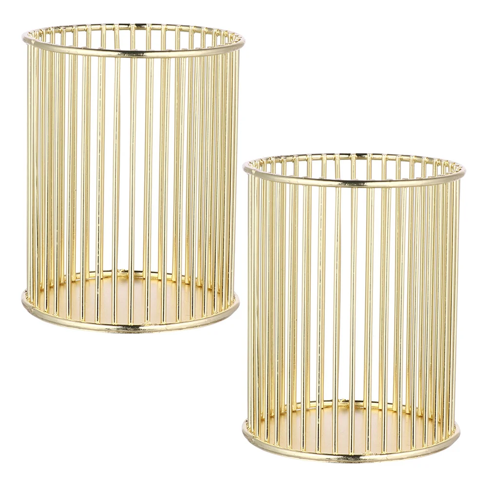 

2Pcs Home Hollow Storage Holder Stationery Pen Container Metal Crafts (Golden)