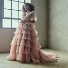 Светильник-Розовое Бальное Платье с V-образным вырезом и рукавом-фонариком, Цветочное платье, пушистые вечерние платья со шлейфом, женское свадебное платье