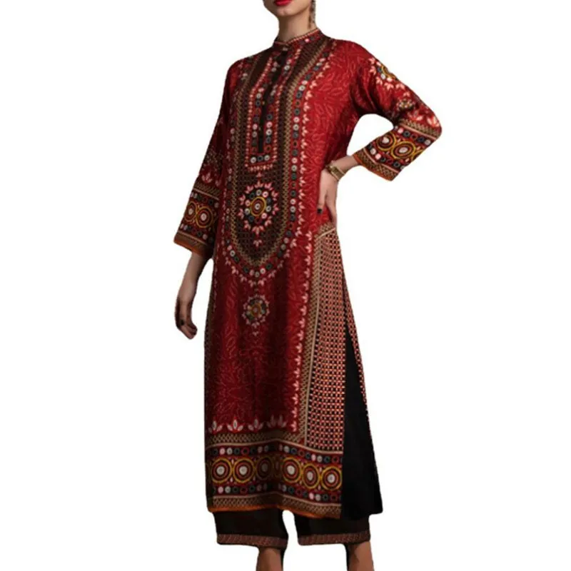 

New Summer European and American Printed Muslim dress Kaftan Abaya Dubai Turkey Middle East Slit Long Sleeve Dress Robe f166
