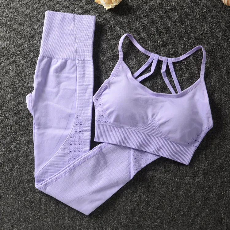 Purple NORMOV Женская Спортивная одежда для тренажерного зала, одежда для фитнеса, модный однотонный комплект для занятий йогой, тренировочная одежда для женщин, Ropa Deportiva Mujer - Цвет: Purple