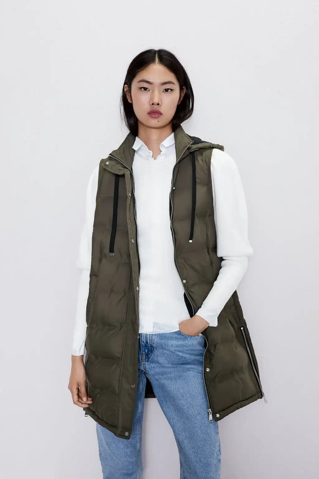 Autumn and Winter ZA New Fashion Cotton Vest Women Collar Hooded Zipper Pocket Sleeveless Casual Loose Warm Cotton Vest Coat