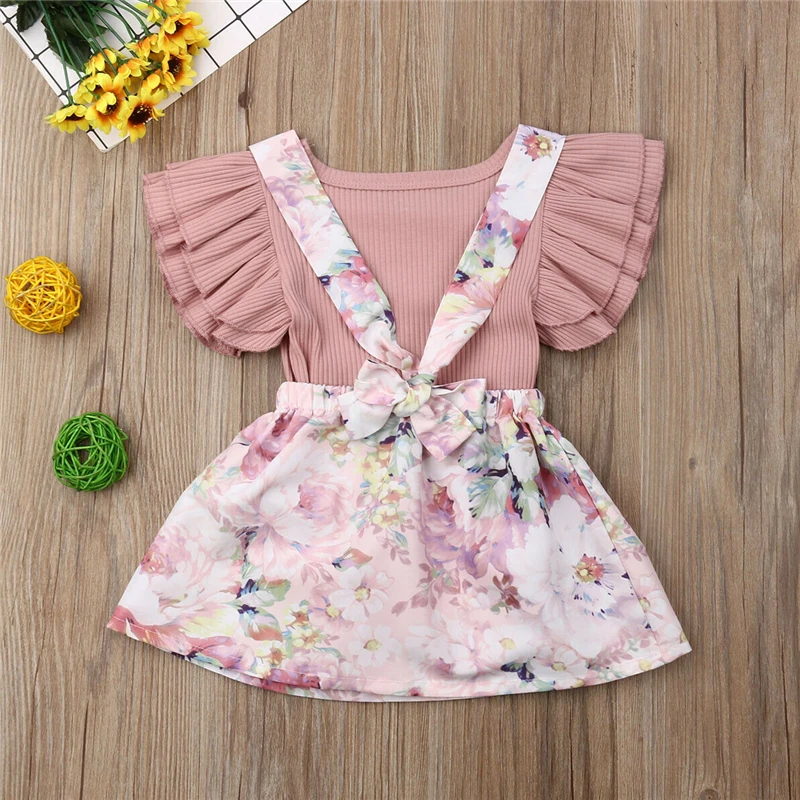 2019 Детская футболка и юбка для девочек с цветочным принтом|Комплекты одежды| |