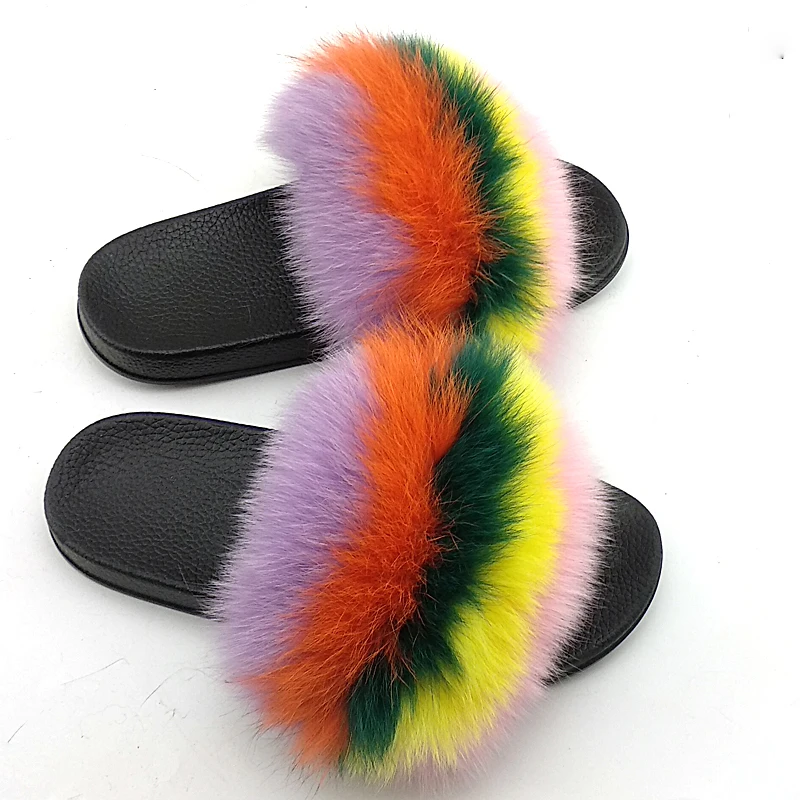 summer wowen colorful Fox fuzzy slippers ladies real fox fur slide fluffy Furry flip-flops fur siippers fashionable claquette