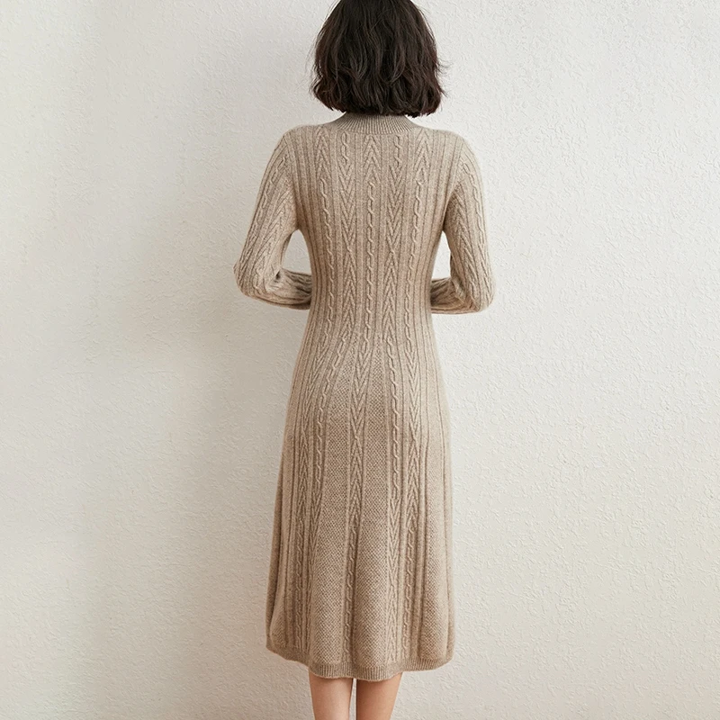 High-end New 100% Pure Cashmere Long Sweater Dress Women Sexy Knitted Dresses Female Fashion O-Neck Elasticity 7Colors Pullover