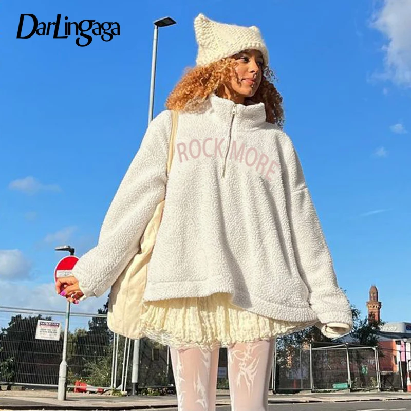 

Darlingaga Fashion Turtleneck Shaggy Lamb Wool Autumn Winter Sweatshirt Women Zipper Letter Embroidery Fleece Teddy Pullover Top