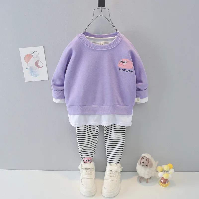 

Mode Roze Baby Meisje Kleding Sets Cartoon Lange Mouw Print Trui + Broek Streep Kinderkleding Van 2 Tot 7 jaar Oud Kids Clothes