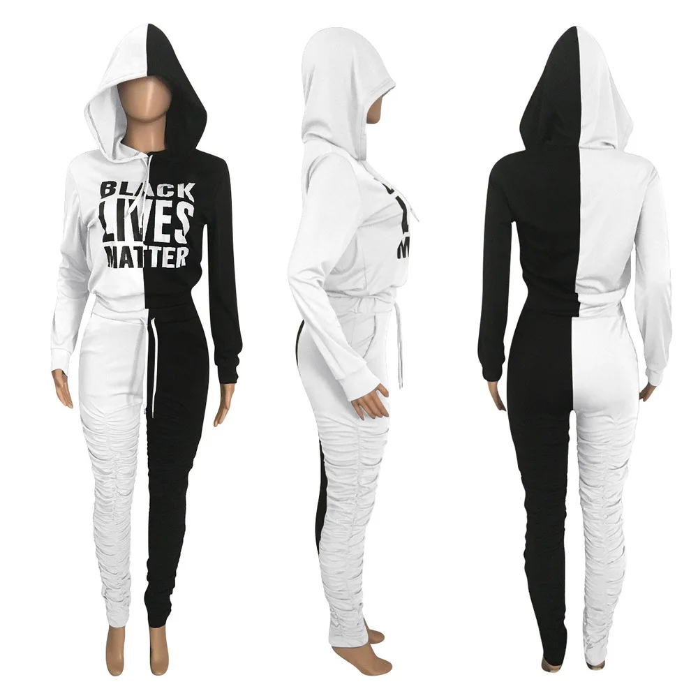 

Color Blocking Activewear Sport Tracksuit Women's Sets Letter Print Hooded Full Sleeve Hoodies and Stacked Ruched Jogger Pants