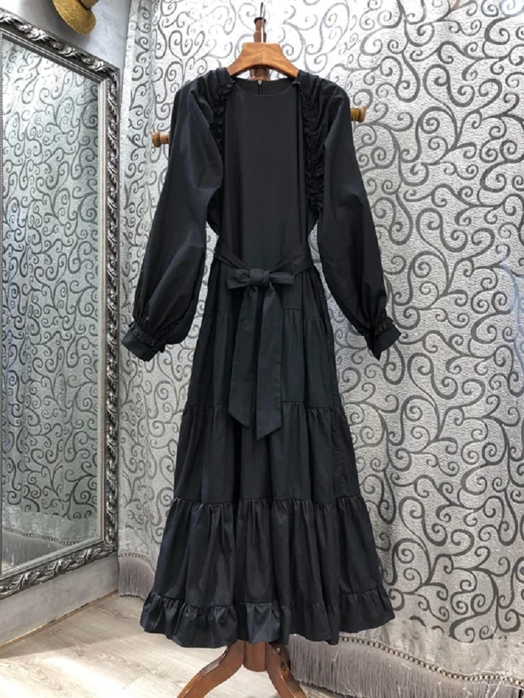 

Winter 2021 Autumn Long Dress High Quality Women Pleated Patchwork Belted Long Sleeve Black Red Casual Party Long Maxi Dresses