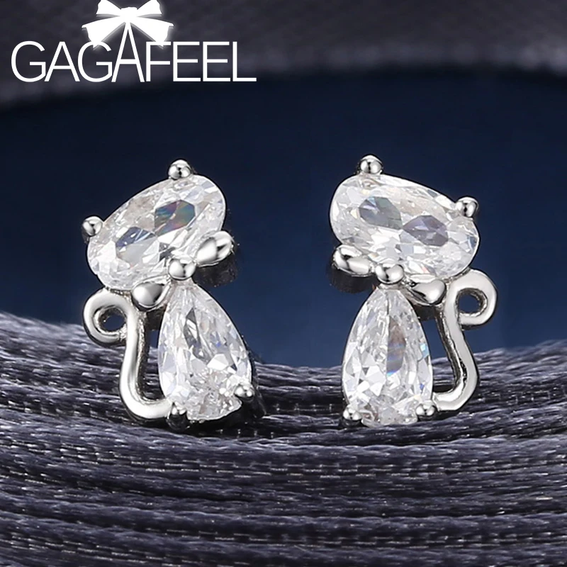 GAGAFEEL 925 пробы серебряные милые котята котенок кошка кристаллы Серьги гвоздики для женщин девочек кубический циркон ювелирные изделия анти-аллергические