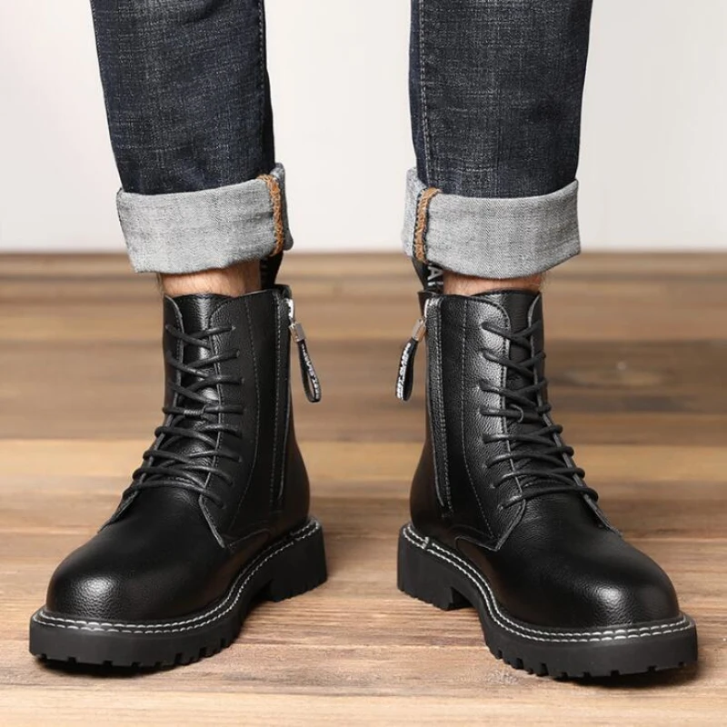 Мужские зимние ботинки повышенной высоты теплые кожаные водонепроницаемые