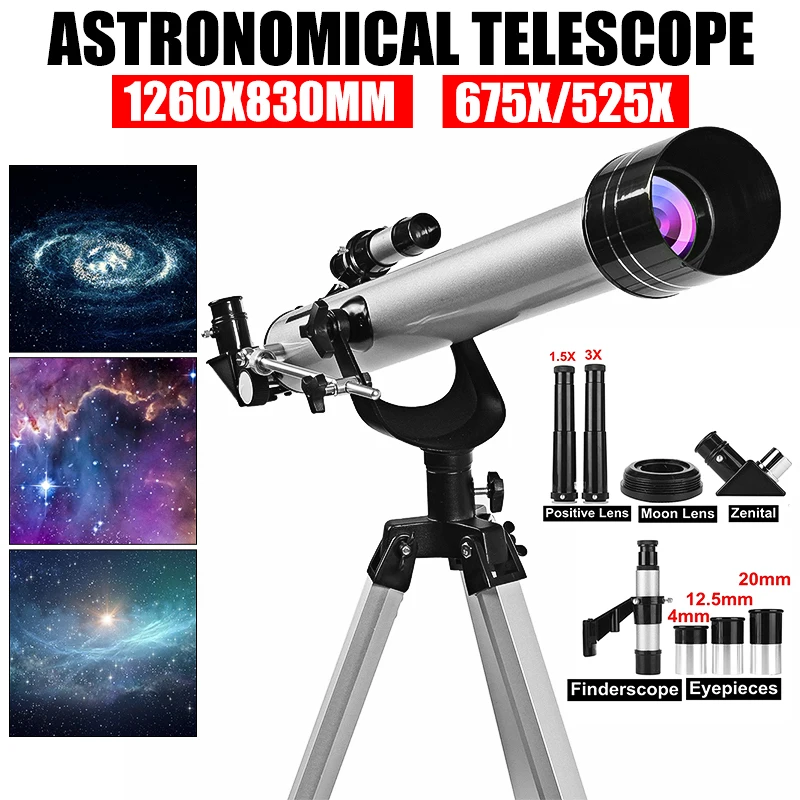 Астрономический рефракторный телескоп F60700 525x 3 окуляра и штатив для наблюдения