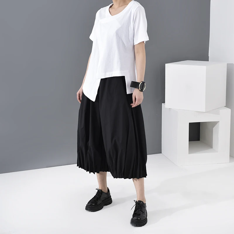 

[EAM] Women White Asymmetrical Split Joint Big Size T-shirt New Round Neck Short Sleeve Fashion Tide Spring Summer 2021 A598