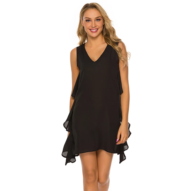 

Шифоновое платье с оборками и V-образным вырезом, женские мини-платья без рукавов, лето 2020, новый модный Повседневный тонкий плявечерние веч...