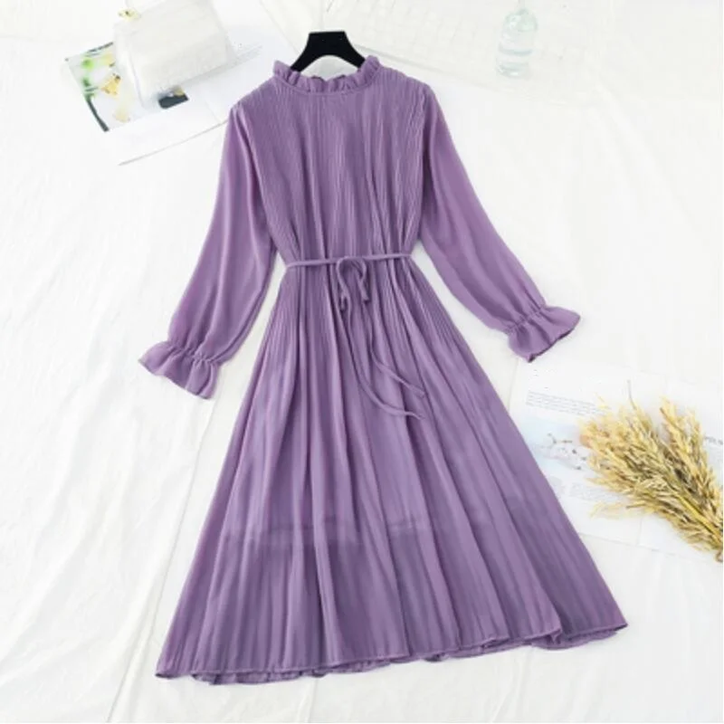 

2020 Autumn Women Party Dress Pleated Chiffon Solid Color Elegant Female O-Neck Long Flare Sleeve Dress Vestidos
