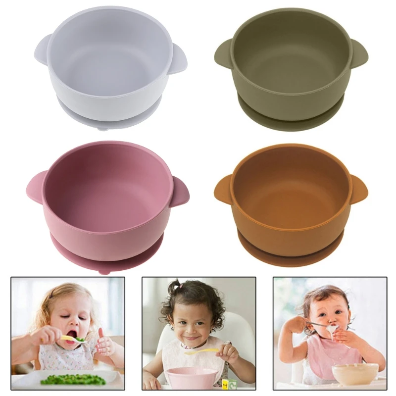 

Solid Colour Baby Silicone Plate Bowl Toddler Feeding Double Handle Bowl with Suction Cup Portable Infant Dishes Kids