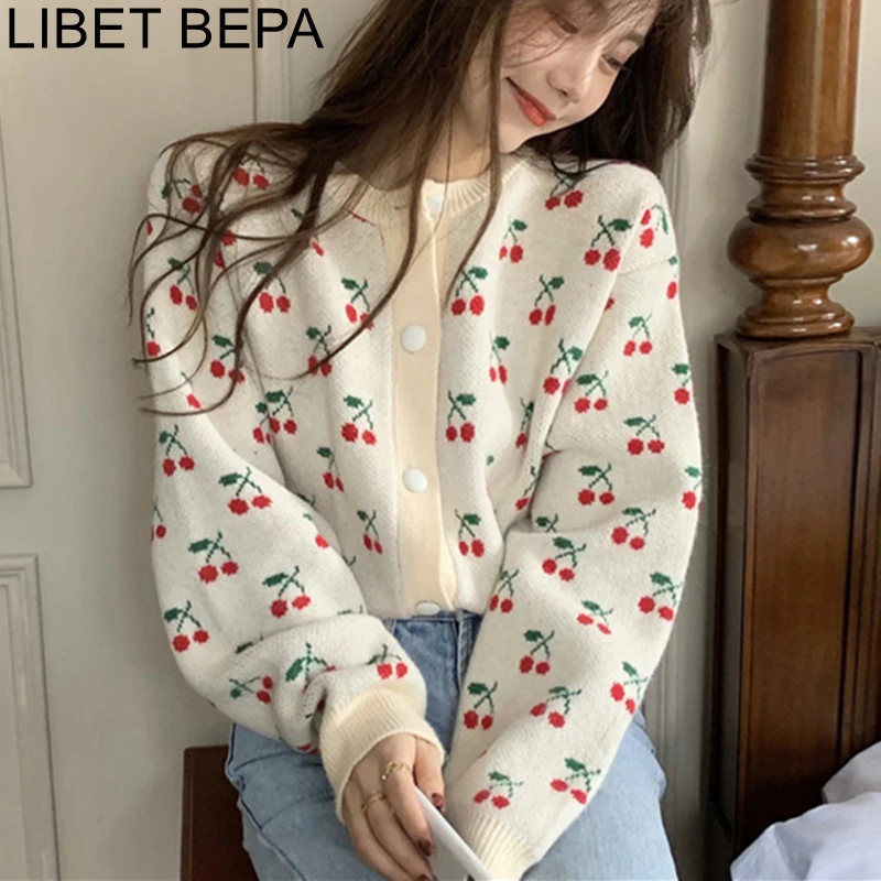 

New 2021 Women's Autumn Winter Sweaters Short Cardigan Oversized Cherry Vintage Korean Wild Elegant Lady Knitwear Tops SWC1092JX