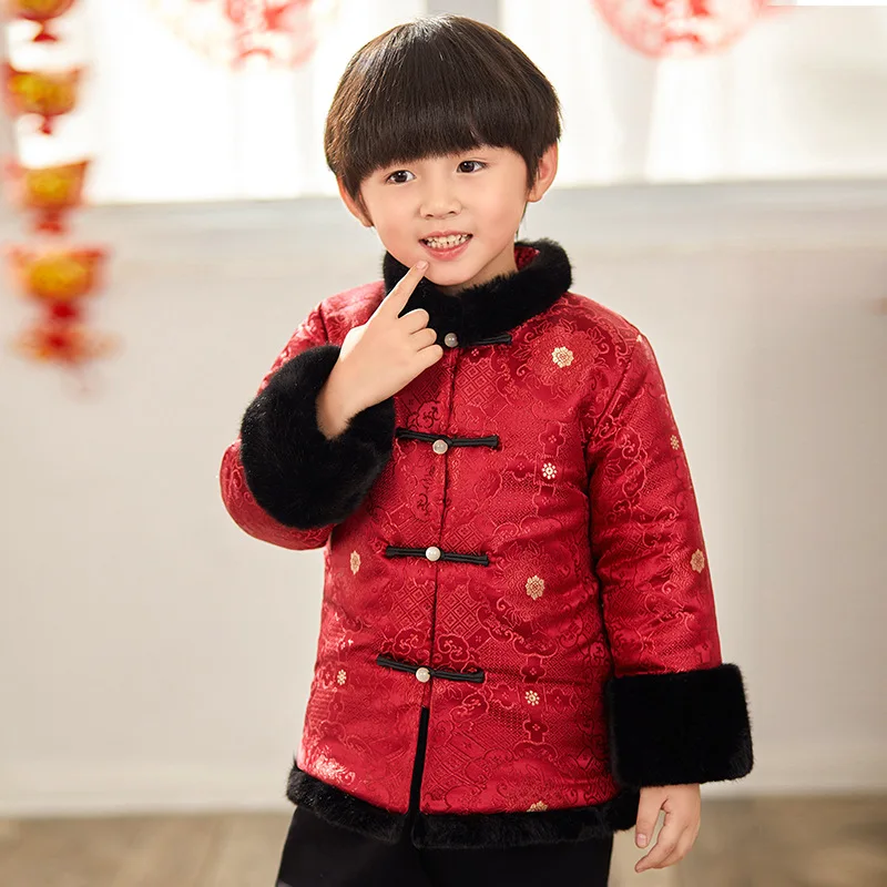 Tang/детский Атласный топ Ципао для мальчиков Утепленные зимние костюмы Детские