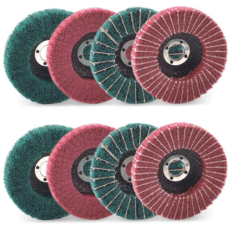 Promotion! 8PCS 4 Inch Red & Green Nylon Fiber Flap Discs Set Assorted Sanding Grinding Buffing Wheels for Angle Grinder