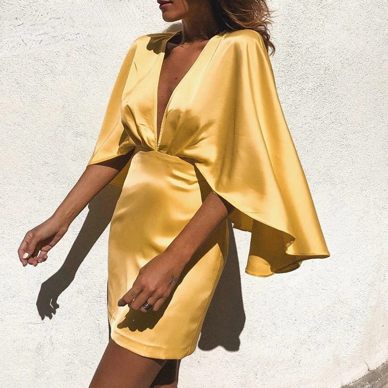 

Women Soild Elegant Glamorous Deep V Neck Cloak Mini Satin Skinny Skirt Set