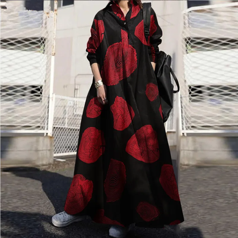 

Summer 2021 Women's New Style Retro Long Skirt Casual Cotton and Linen Long Skirt Floral Long Sleeves Plus Size Dress
