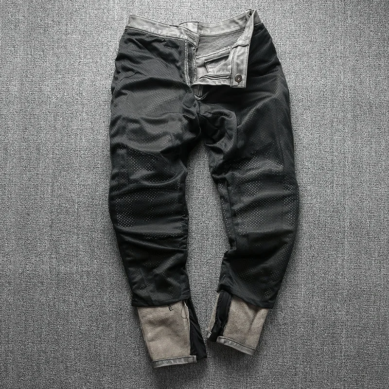 

Retro Mens Motorcycle Genuine Leather Pants 2021 Streetwear Classic Multi-Pockets Cow Leather Bikers Trousers Mens Casual Pants