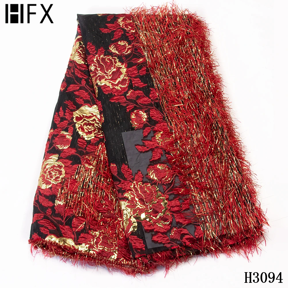 

HFX 2020 New African French Brocade Lace Fabric With Fluffy Feather Nigerian Jacquard Lace Fabric For Party Dress 5yards H3094