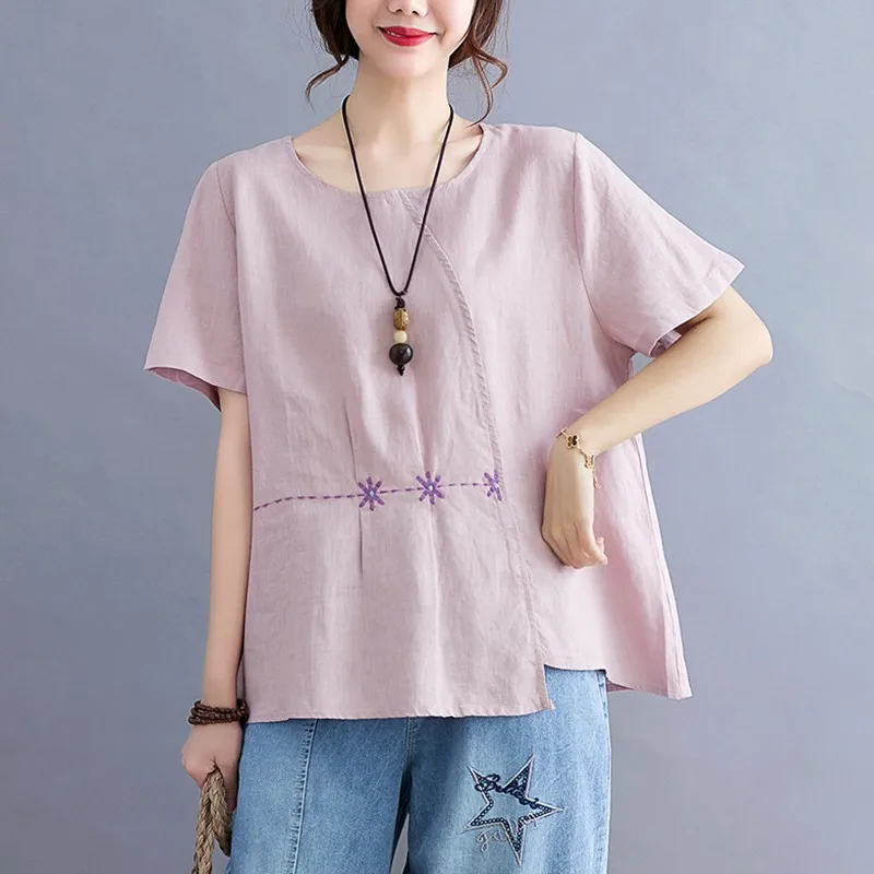 

Women Cotton Linen Casual T-shirts New Arrival 2021 Summer Simple Style O-neck Vintage Embroidery Loose Female Tops Tees S4059