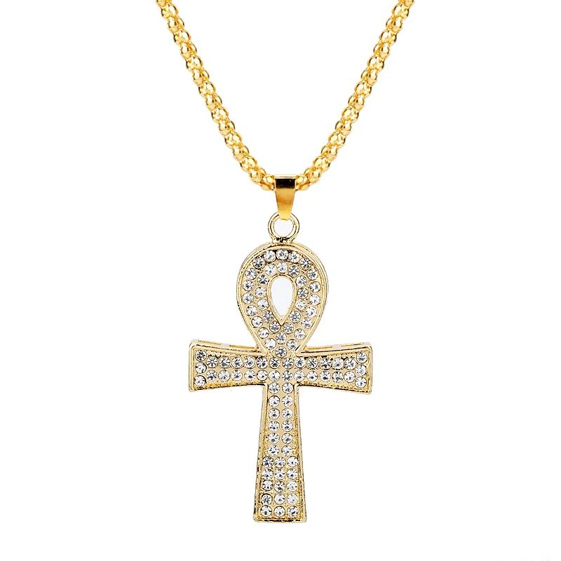 

Necklace Jewelry Religion Egyptian Ankh Crucifix Rhinestone Pendant Necklace Gold Color Long Chain Symbol of Life Iced Out Gifts