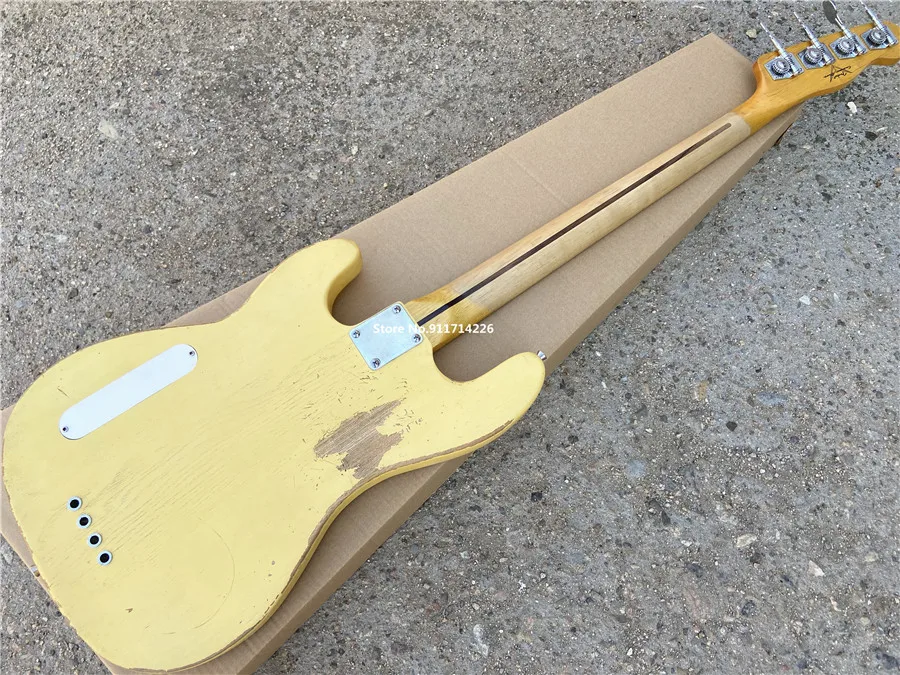Классический кремово-желтый 4-струнный электрический бас под старину, настраиваемый, бесплатная доставка