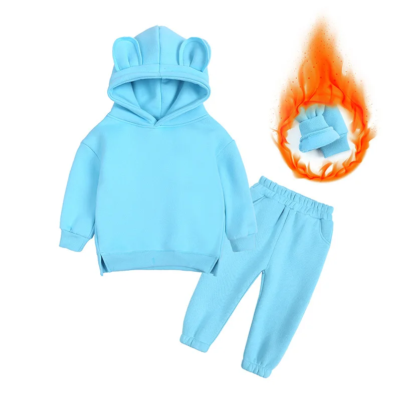 

Children's Winter Tracksuit Fleece Thicken Hoodies Sweatshirt Two Pieces Baby Girls Clothes Solid Casual Toddler Boys Outfits