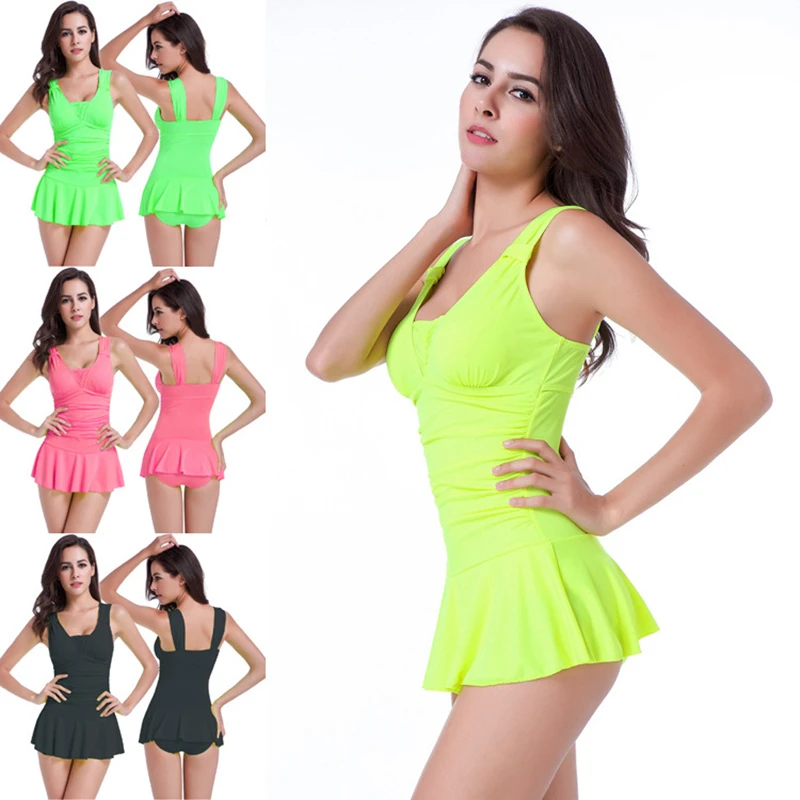 

Flounces Dress Solid Color Swimsuit Leisure Hot Spring Beach Dress Ladies One-Piece Swimwear Fashion Conservative Bathing Suit