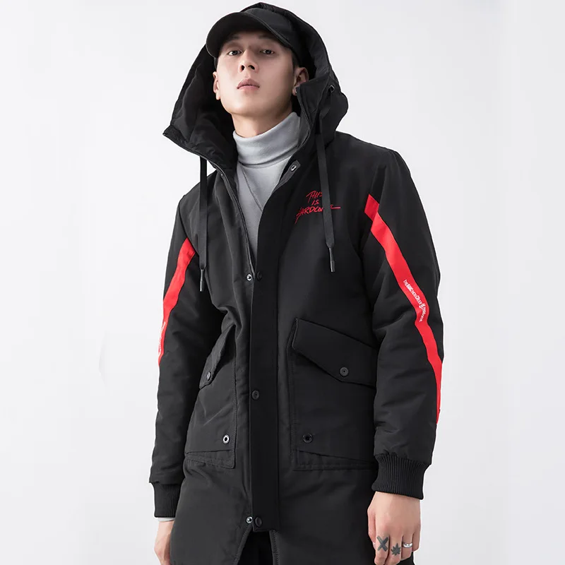 

Embroidery letters Men's Winter Hooded Parka Coat Long Jacket fashion hip hop Overcoat 2019 New Menswear