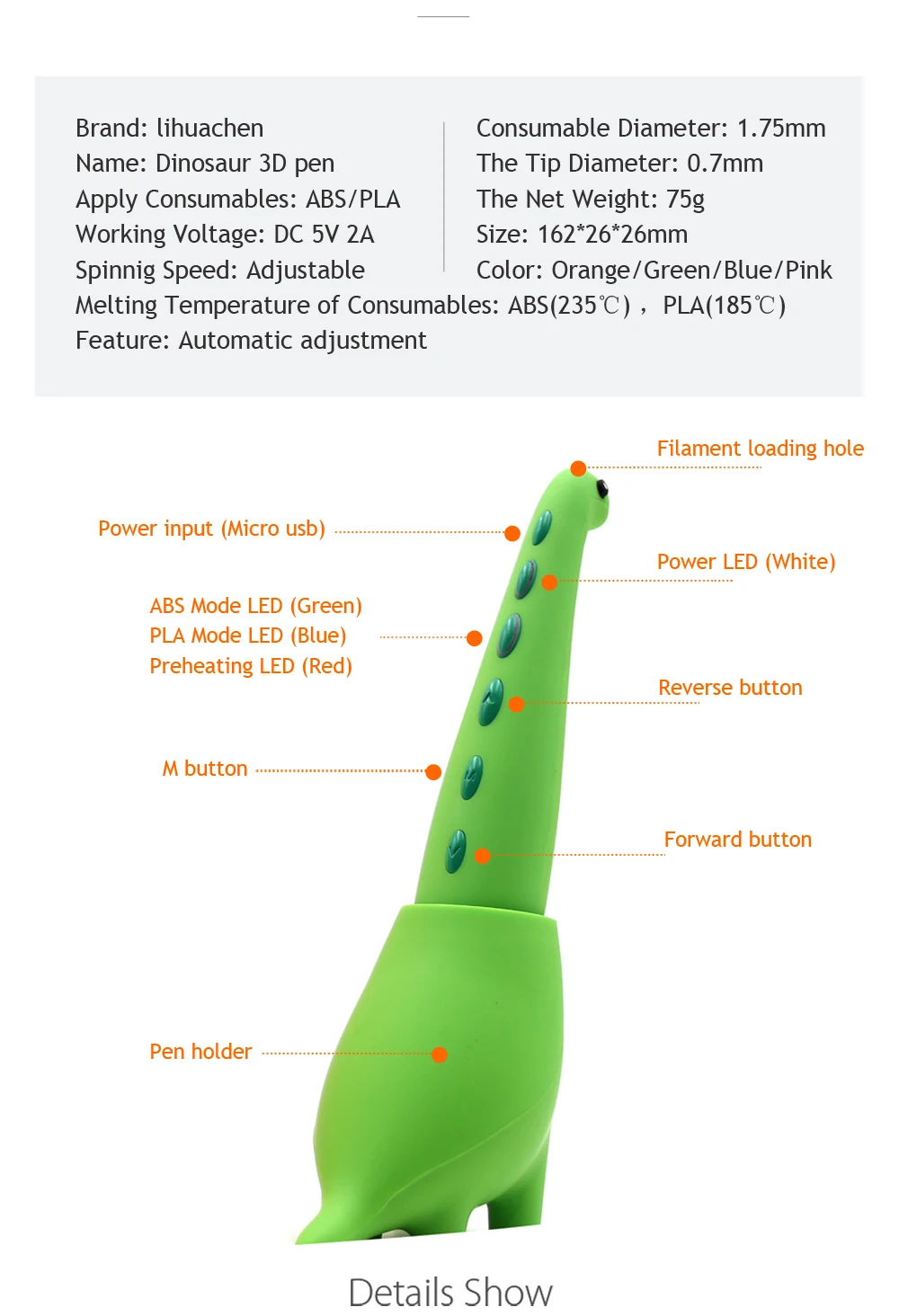 lihuachen 3D Pen for Kids Dinosaur STEM Toys 3D Printing Pen Mini Printer Drawing Painting Art Set with 2 Speeds Safe Sleep Mode
