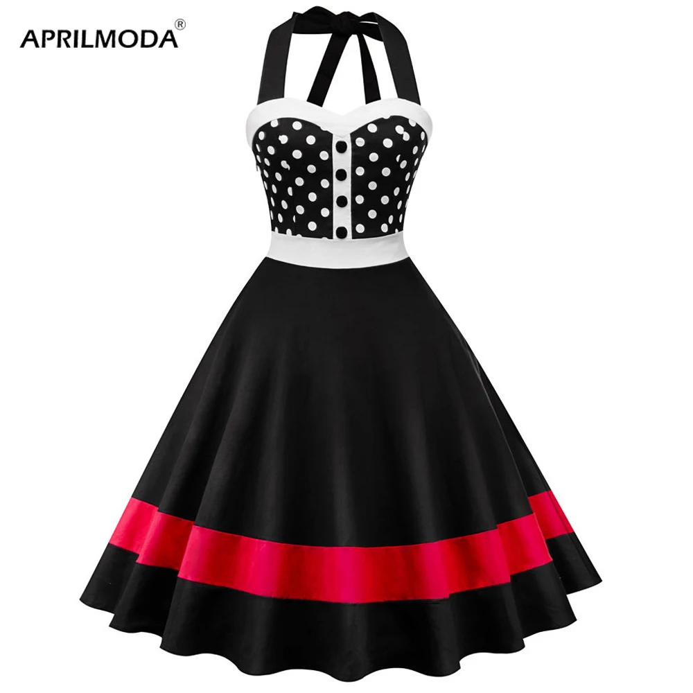 Женское винтажное платье в горошек Черное и красное с лямкой на шее модель 60s 50s