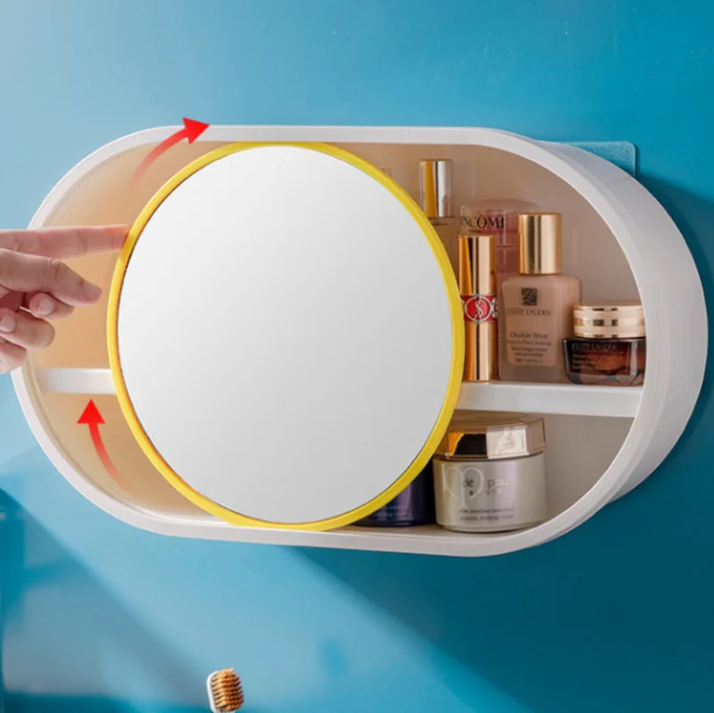 

New Makeup Case Punch-Free Storage Case Wall-Mounted For Bathroom Cosmetics Toiletries Storage Mirror WC Bathroom Accessories