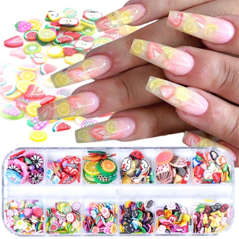 12 ячеек/коробка мультяшный 3D полимерный стикер из глины Типсы для ногтей цветок