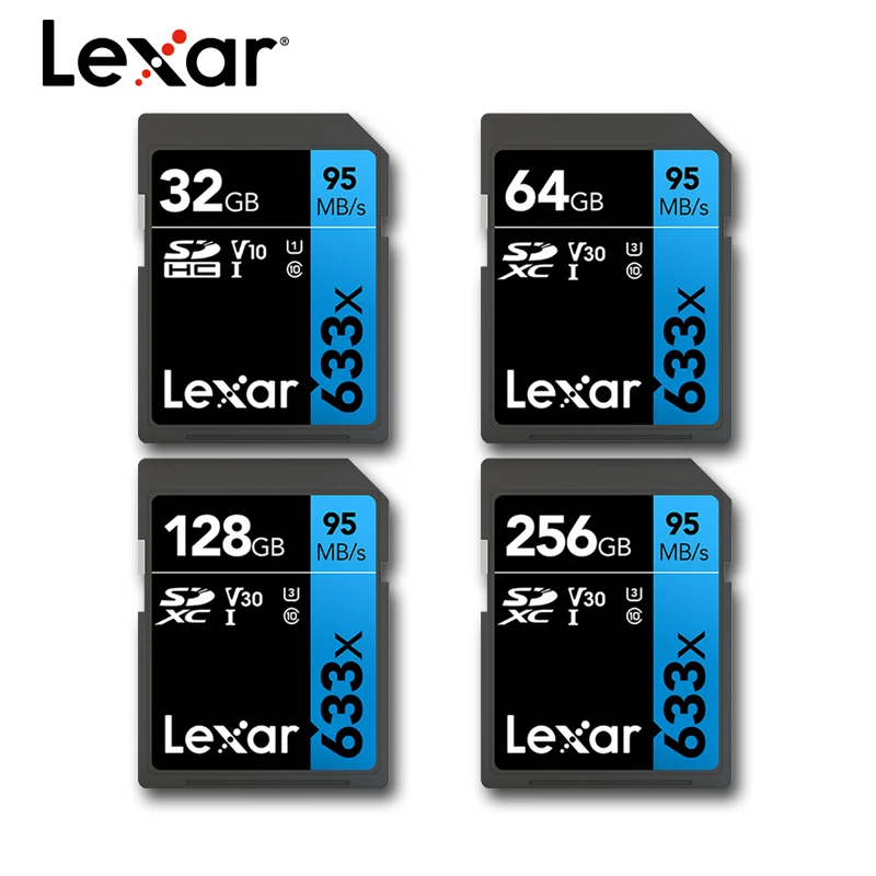 Карта памяти SD Lexar 633X 128 ГБ 256 512 Гб класс 10 V10 U3 SDHC SDXC UHS-I 95 МБ/с./с 32 64 для DSLR HD 1080p 3D 4K