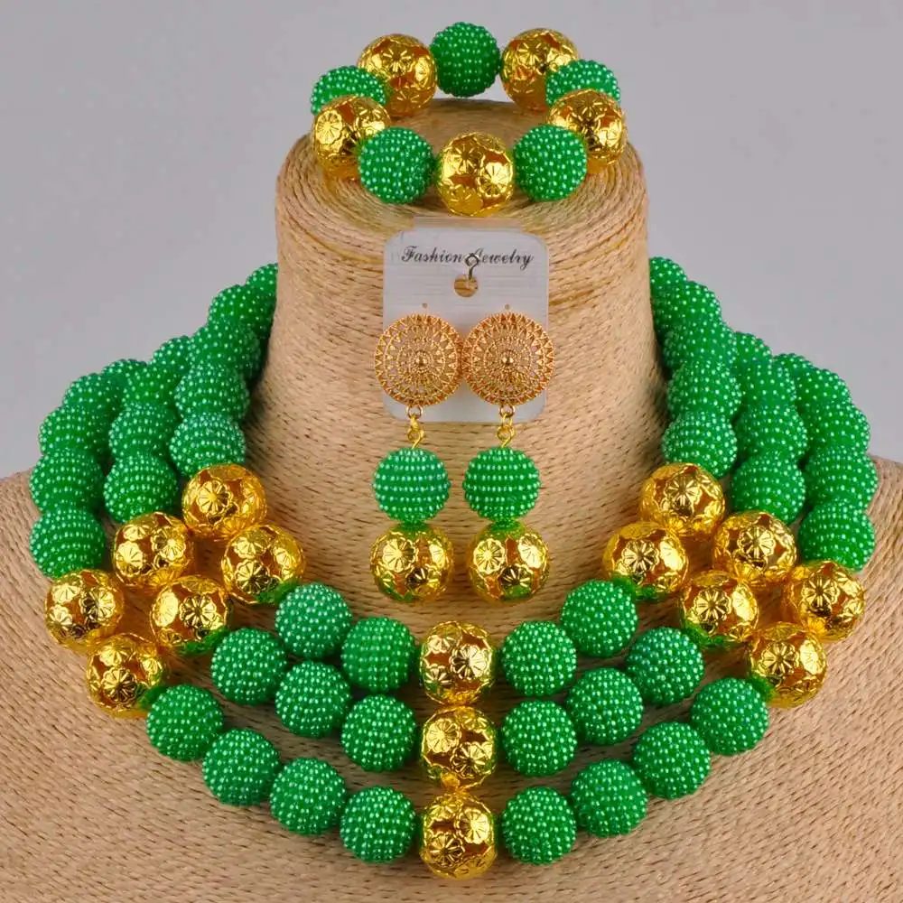 

Зеленый искусственный жемчуг Золотой Африканский ювелирный набор нигерийские бусы ожерелье для женщин FZZ21