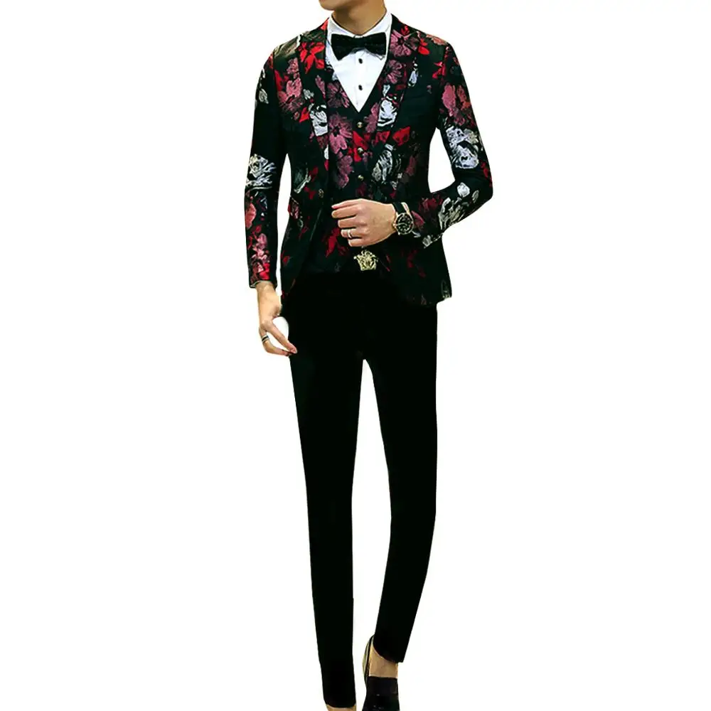 Мужской повседневный костюм с цветочным принтом зеленый фруктовый воротник из