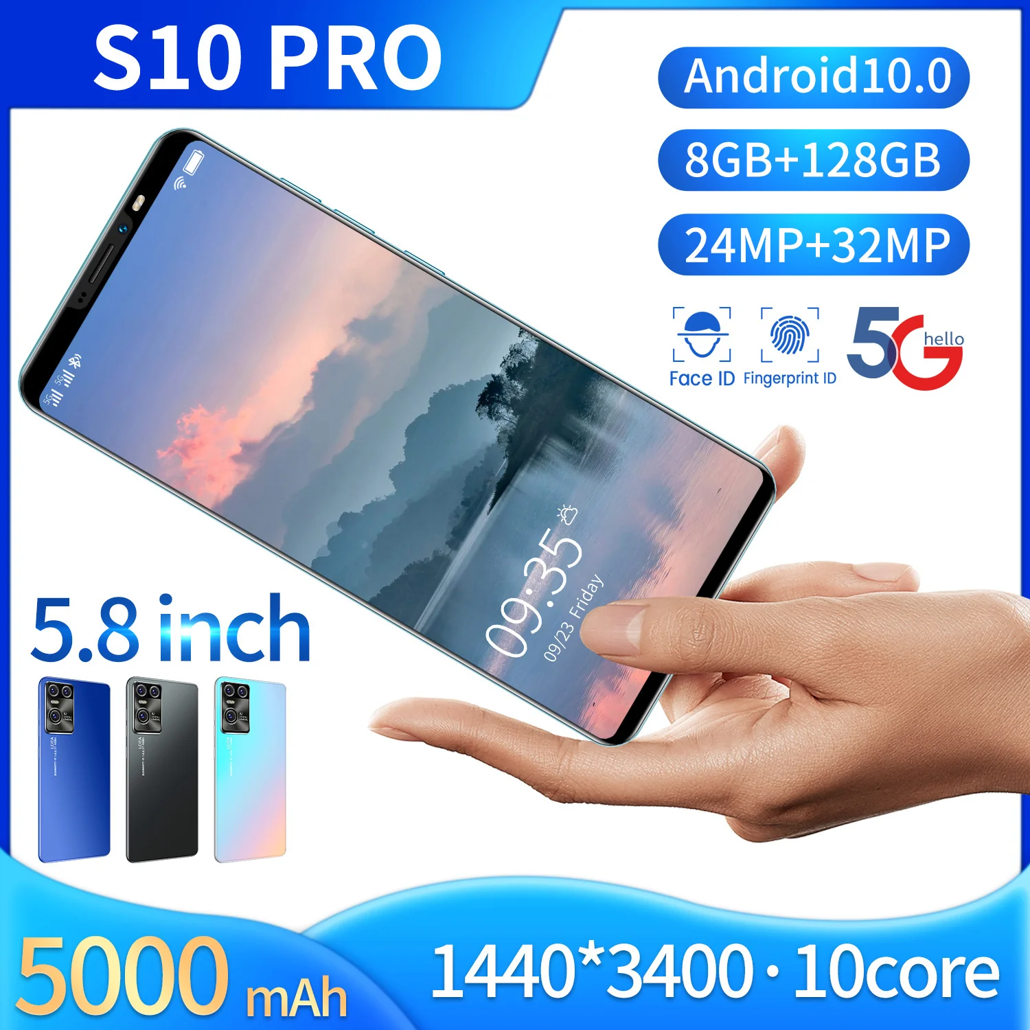 

New Vevo S10 Pro 5.8Inch 8+128G 24+32MP 5000MAH Smartphone 5G 1440*3400 MT6898 10Core Face Finger ID Dual SIM Gloabl Version