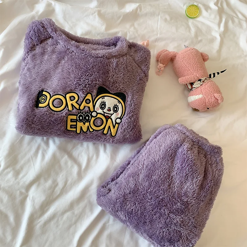 

Seeslim Winter Flannel Pajama Set Womens Doraemon Thick Warm Fleece Pajamas Home Wear Velvet Female Pajama Set Sleepwear 2021