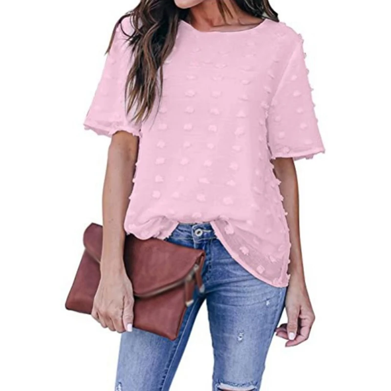 

Solid Color Women's T-Shirt Chiffon Shirt Protruding Dot Summer Casual Round Neck Short Sleeve Tee Tops Y1