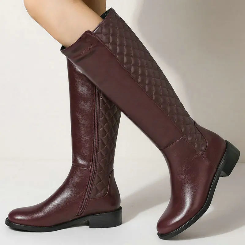 

Black Wine Red White Women Knee High Boots Faux Leather Comfortable Square Heel Ladies Calf Boots Round Toe Zipper Woman's Boots