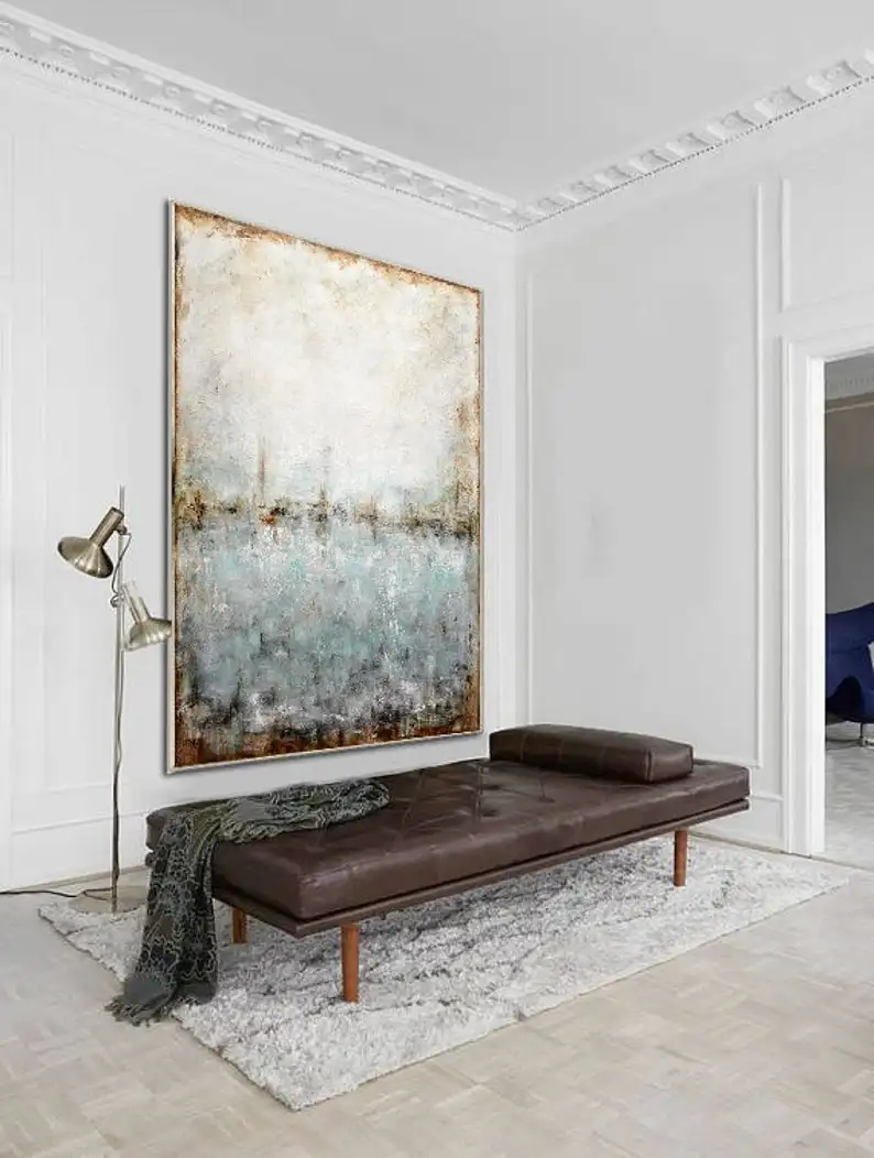 

Вертикальная художественная абстрактная живопись, современное художественное абстрактное настенное искусство, синяя зеленая акриловая ж...