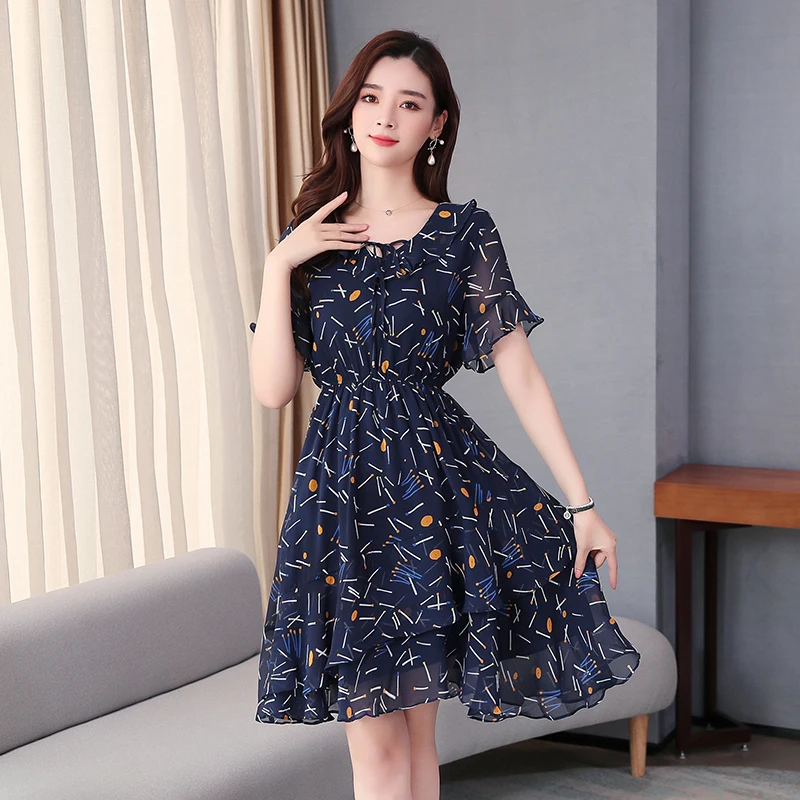 

2021 Summer Elastic Waist Floral Midi Dress for Women New Short Sleeve V-neck White Chiffon Print Elegant Party Dresses Vestidos
