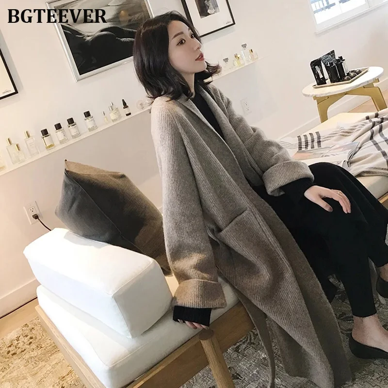 Зимний трикотажный длинный кардиган женский рукав джемпер Повседневный уличная