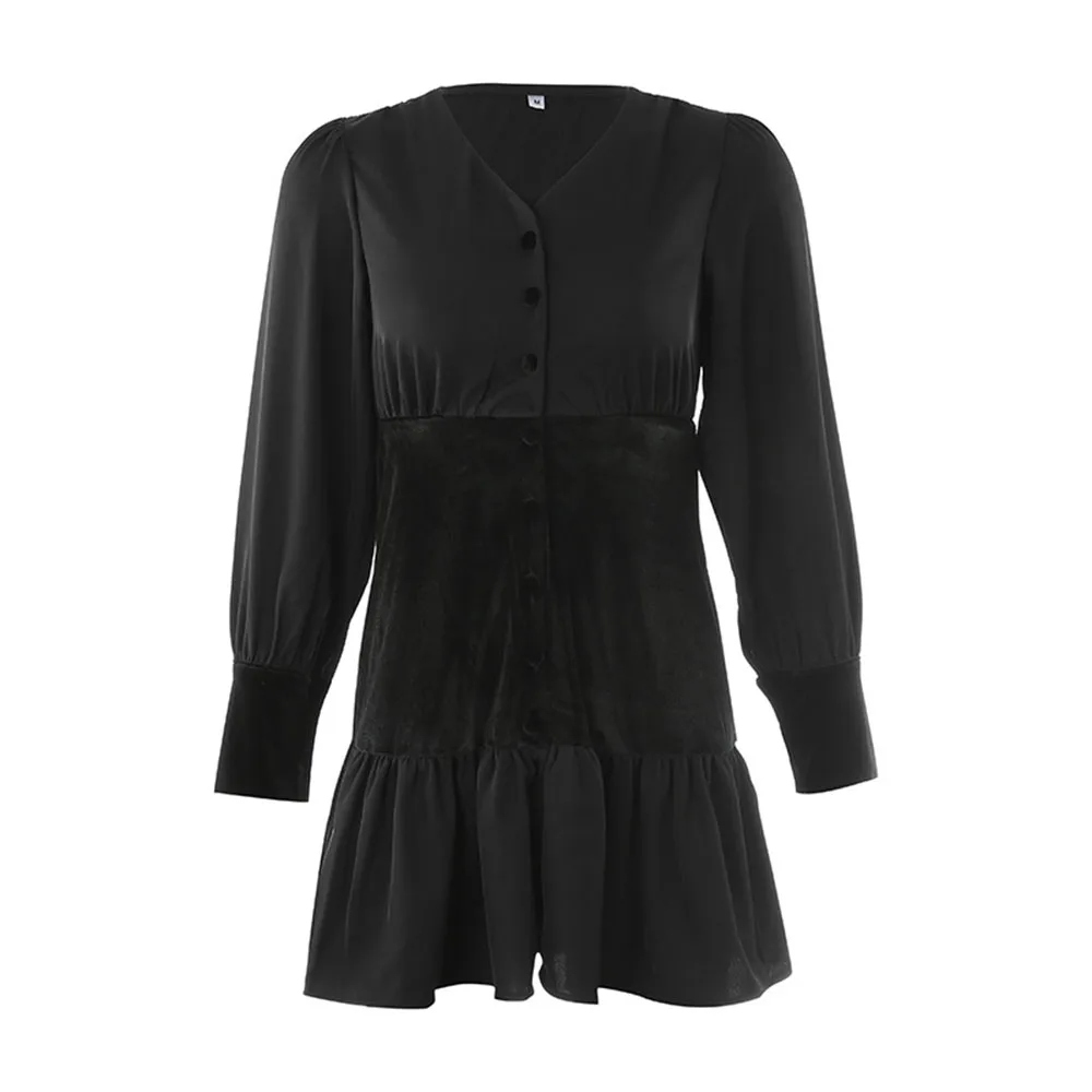

High Street Women's Dress Spring Autumn Fashion Hipster Casual Velvet Ruffle Splicing Draw Back Single-breasted V-neck