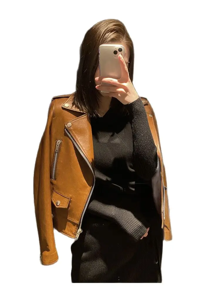 

2021 women sheepskin jacket classic motorcycle jacket short leather jacket cow hide coats brown coat women motorcycle jacket