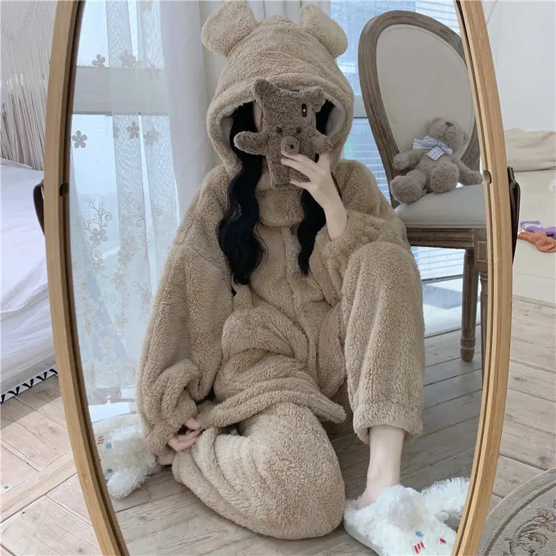 Thickened Plush Pajamas Women's Autumn and Winter New Solid Color Lovely Two-piece Set Can Be Worn Outside Home Clothes Fashion