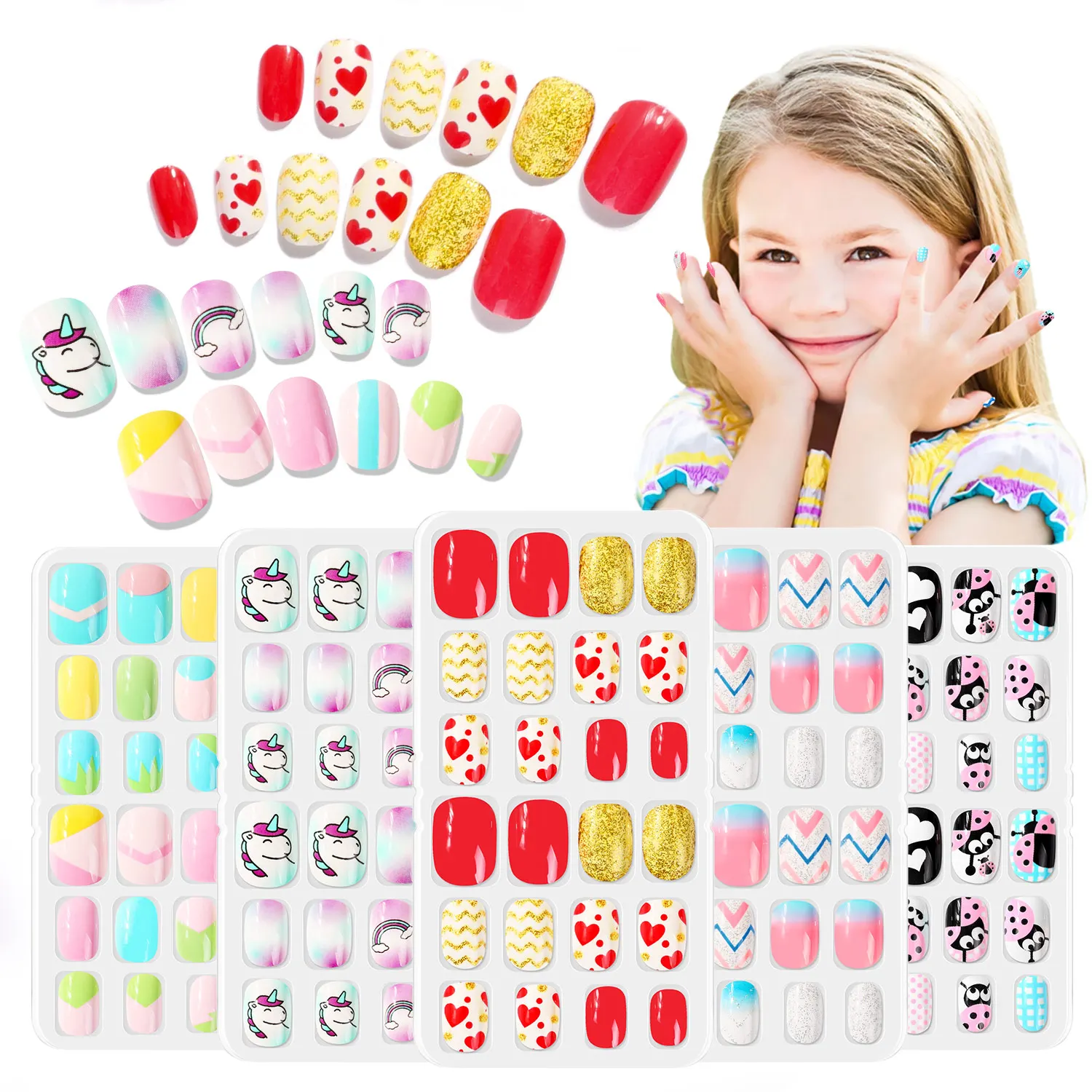 120pcs chiodi per bambini a copertura totale per bambini falsi per bambini ragazze caramelle stampa su unghie finte punte per Manicure colorate autoadesive